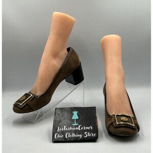 Tory Burch Brown Leather Block Heel Pumps With Gold Buckle Accent Size 8.5M 3195